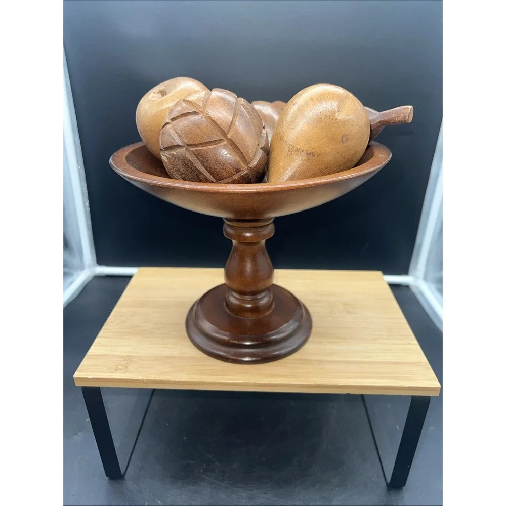 MCM Vintage Carved Wood Bowl W Fruit Pieces Grapes Apple Pear Mid Century Wooden